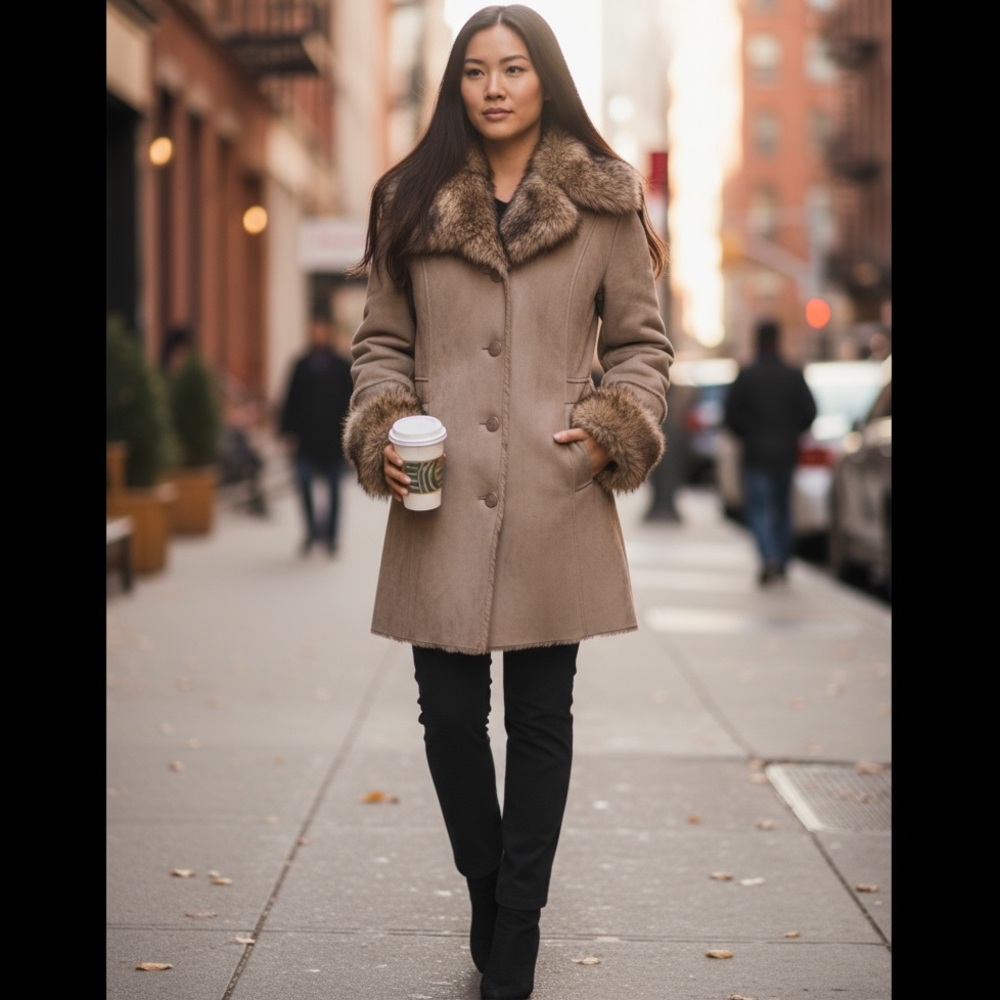 Suedette Faux Fur Trimmed Coat. Excellent quality.